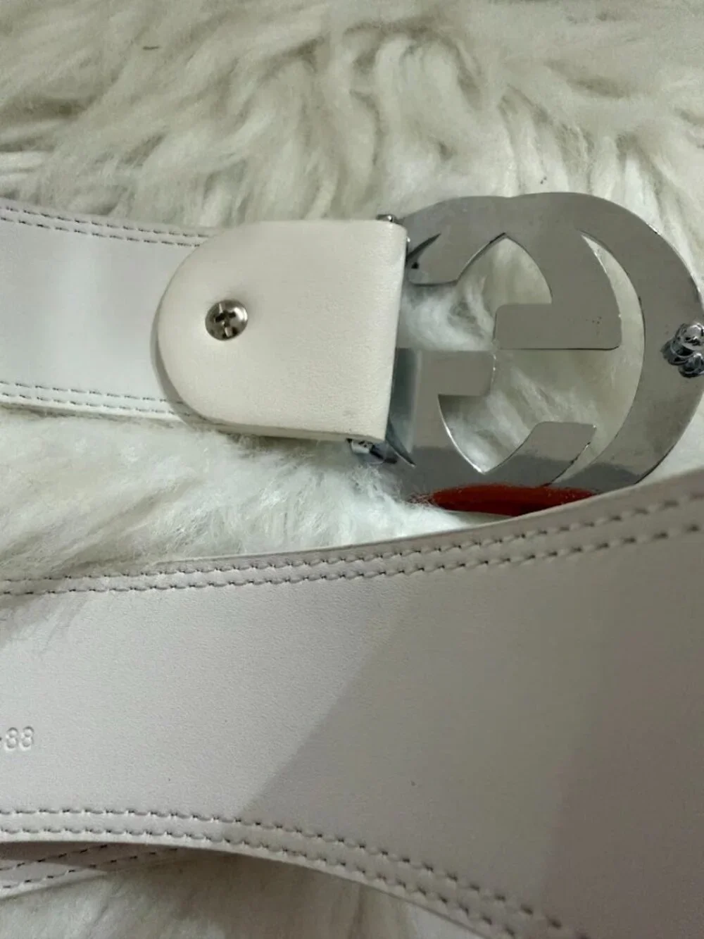 White Leather Look Belt Green Red Stripe Silver Tone Statement Buckle